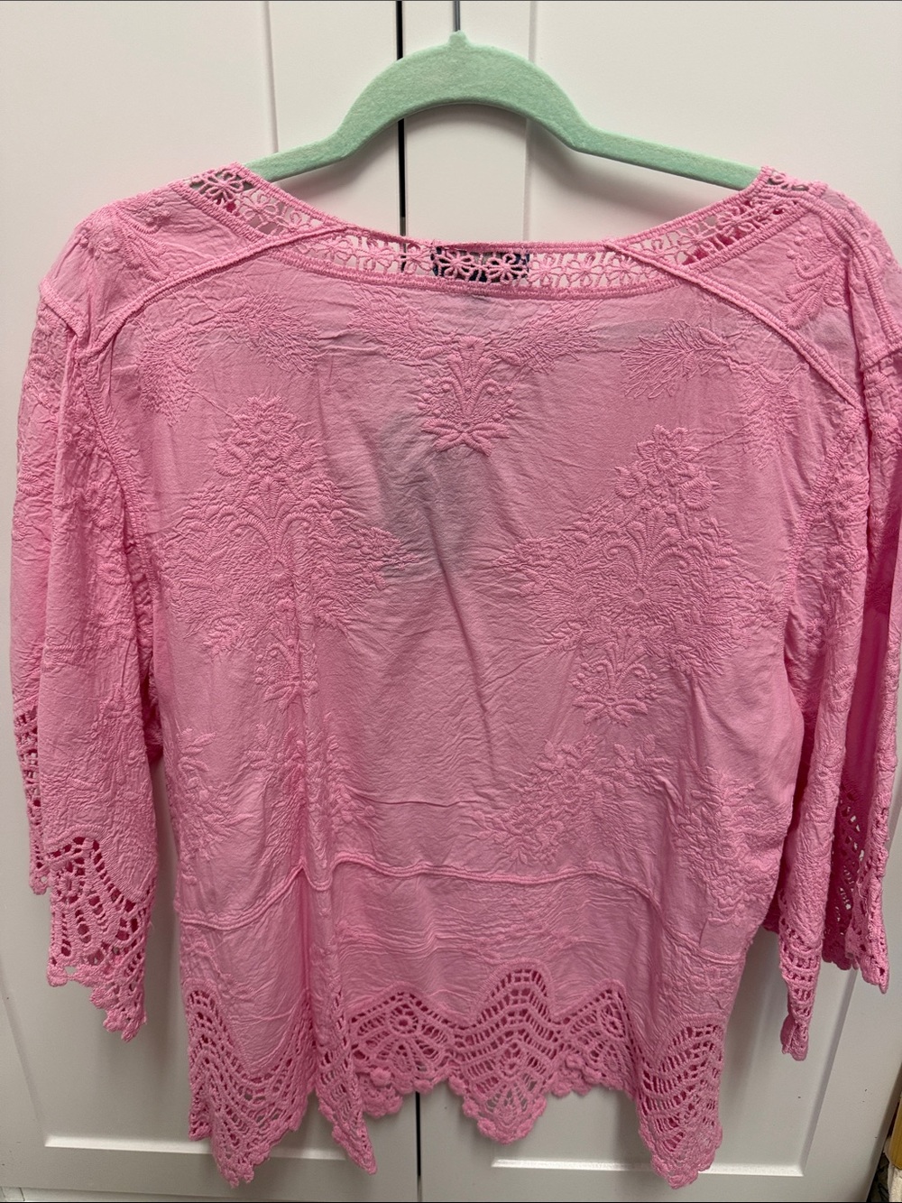 Democracy Pink Crochet-Detail V-Neck Blouse - Picture 3 of 5